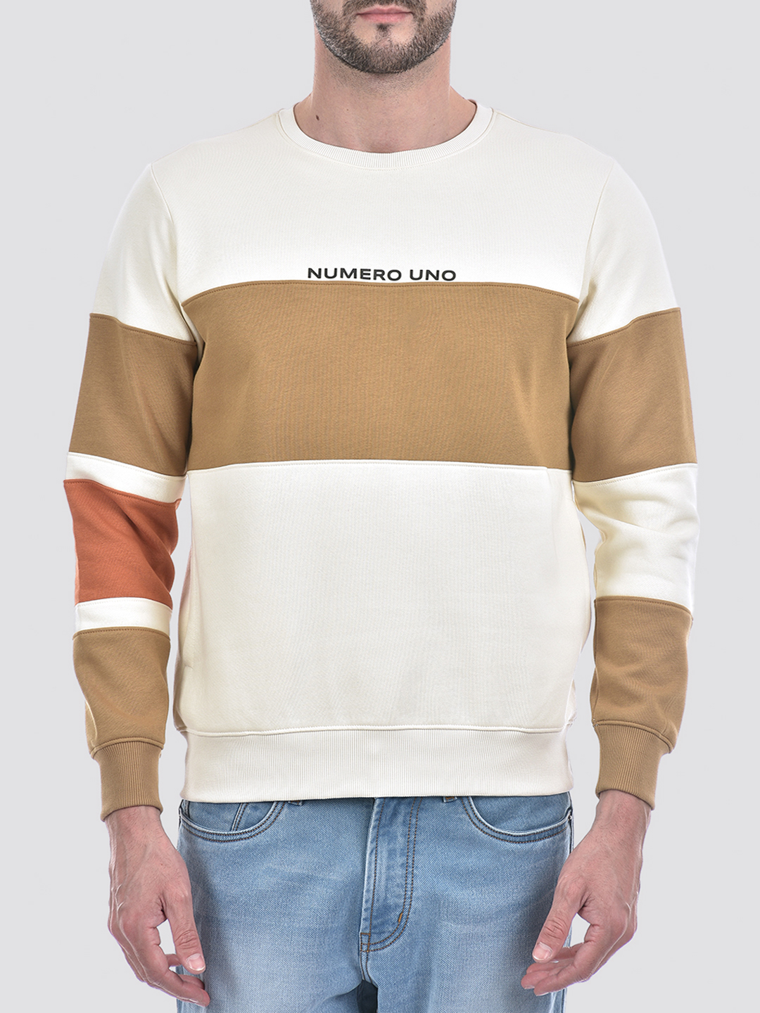 Numero Uno Men Cream Color Block Round Neck Brushed Fleece Sweatshirt